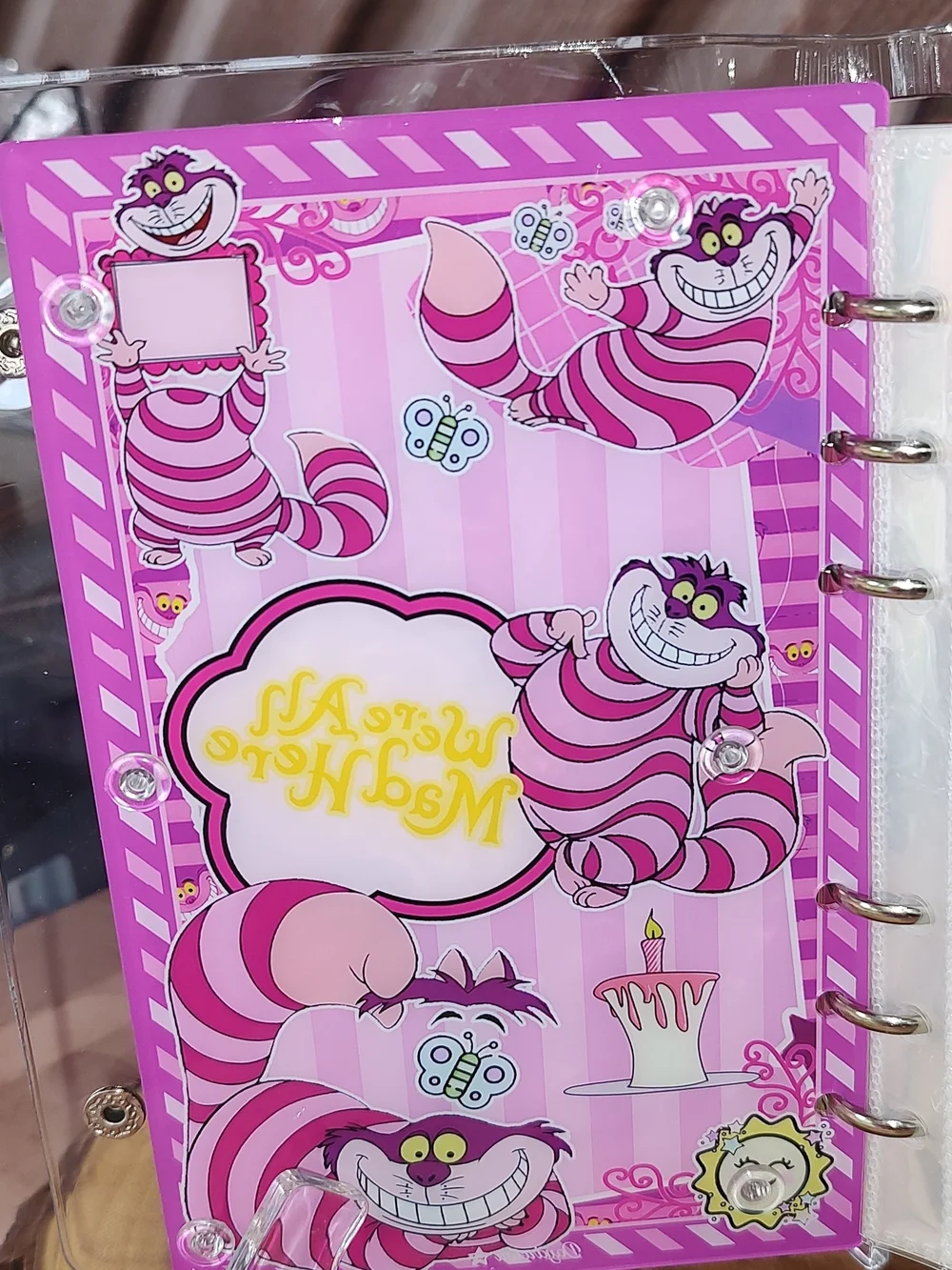 New! A6 Cheshire Cat Pink Striped Acrylic Shaker Photo Notebook